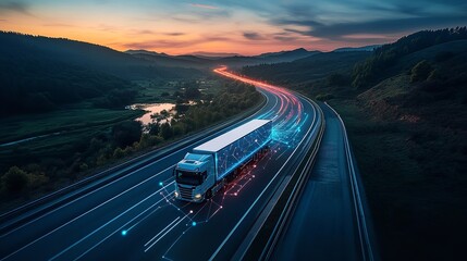 Truck on Highway with Glowing Data Connections, Sunset View Over Green Hills