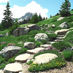  A stunning Alpine rock garden featuring natural stone, hardy plants, and mountain-inspired landscape design.