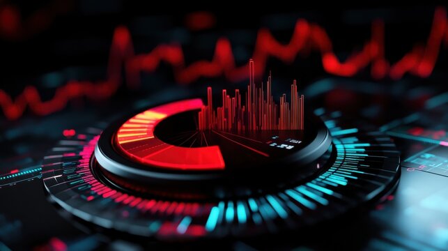 Abstract business intelligence dashboard, glowing pie charts and line graphs, cyber-tech design