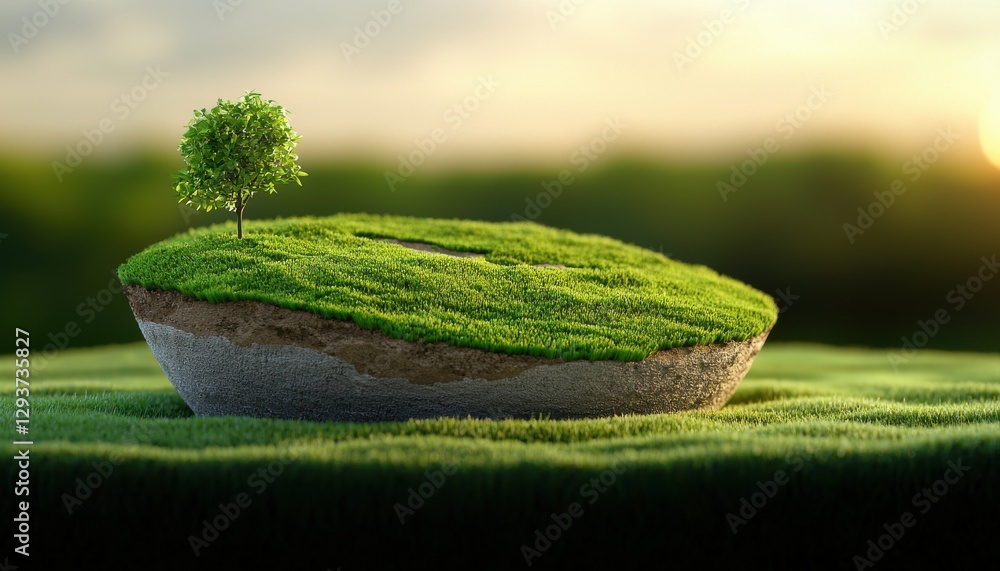 Poster geographic information systems. a small green island with a single tree amidst a blurred background 