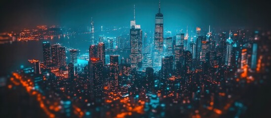 Obraz premium Night cityscape, skyscrapers, harbor view, urban sprawl, website banner