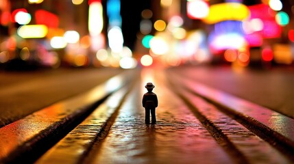 Fototapeta premium Miniature man on city street at night, vibrant lights blurred background, urban loneliness concept