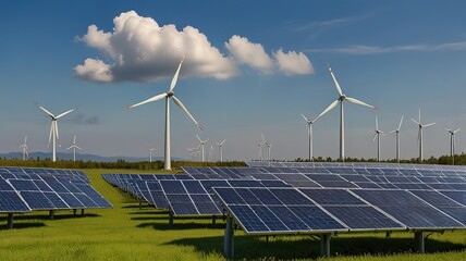 Solar panels and wind turbines generating electricity
