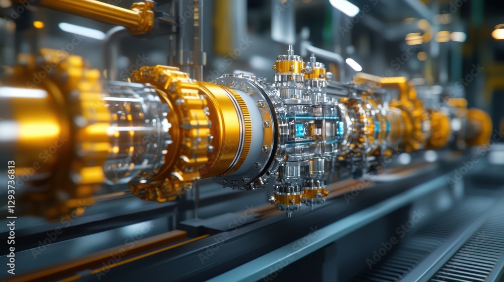 Poster a gold machine operates, showcasing intricate mechanisms and engineering, highlighting a blend of te
