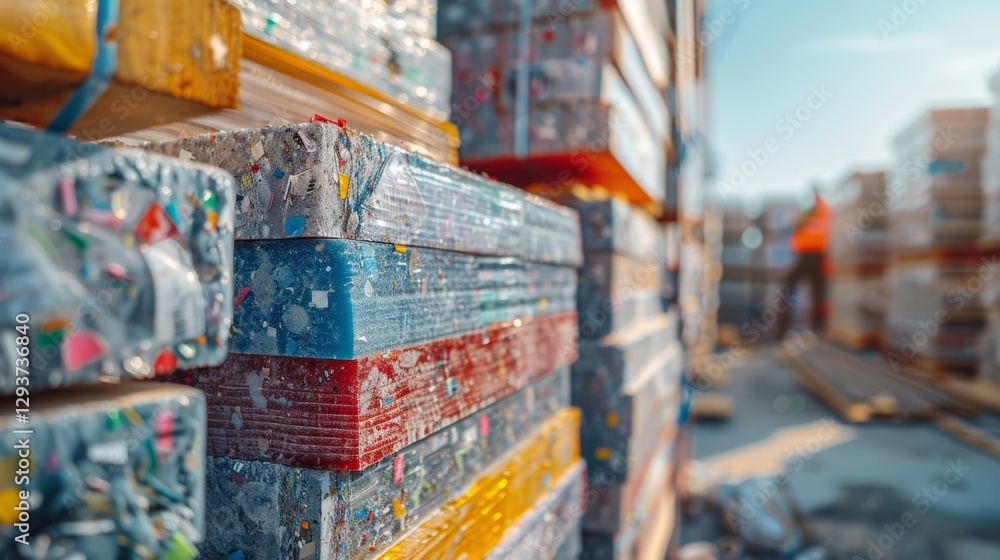 Aufkleber brightly colored plastic sheets are neatly stacked at a recycling facility under clear sky. workers 