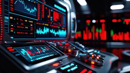 Advanced trading algorithm dashboard, glowing 3D financial charts, automated market analysis