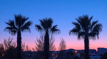 Sunset silhouettes of three palm trees against a cityscape