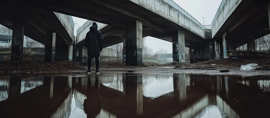 Obraz premium Person standing under urban overpass, reflection in puddle, gloomy sky. Use album art, film stills