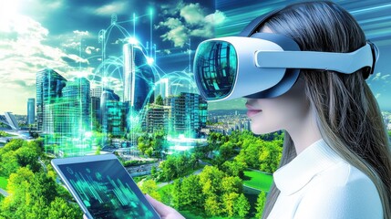 Futuristic cityscape with skyscrapers and modern architecture showcasing a smart sustainable and technologically advanced urban environment powered by immersive virtual reality technology