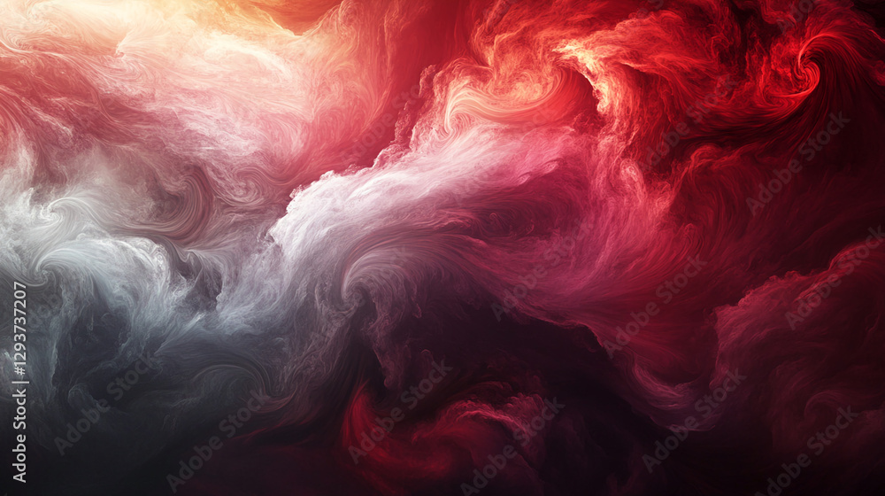 Poster abstract swirling red and white smoke texture in a dynamic flow, representing motion, energy, and fl