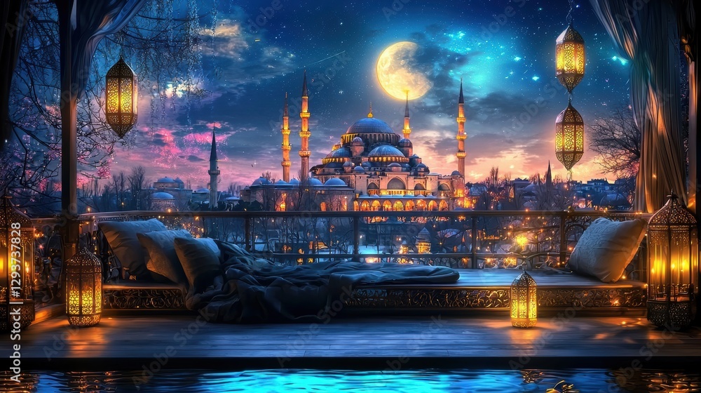 Poster enchanting moonlit cityscape featuring an ornate mosque with illuminated domes and minarets reflecte