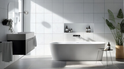 A bathroom with a white tub and a potted plant