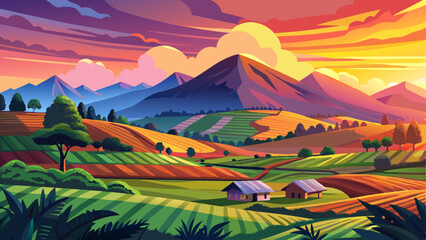 Beautiful sunset over mountains and hills of pastures and farms in Kisoro, Uganda, with a colorful sky and incredible landscape