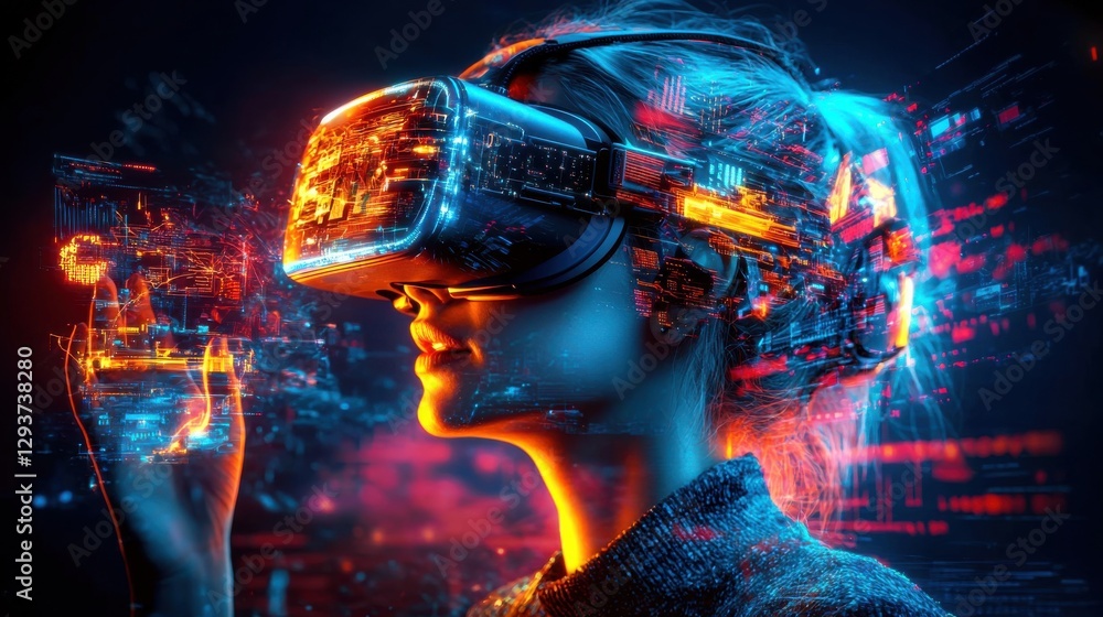 Poster closeup view of a person wearing a high tech virtual reality headset immersed in a dynamic and vibra