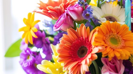 Fototapeta premium Vibrant Birthday Bouquet with Fresh Flowers, Joyful Floral Arrangement for Celebrations, Party Decorations, Festive Greeting Card Background