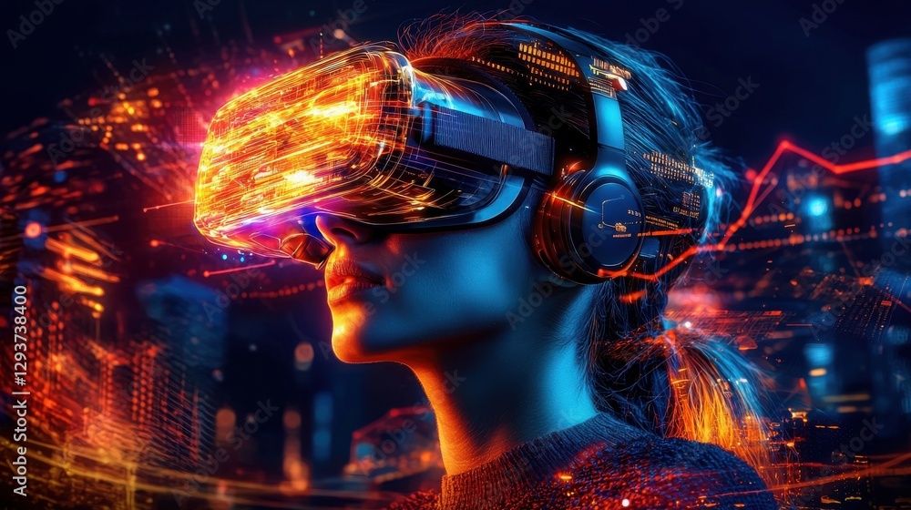Poster immersive virtual reality futuristic cyberspace digital technology with vr headset abstract of a hig