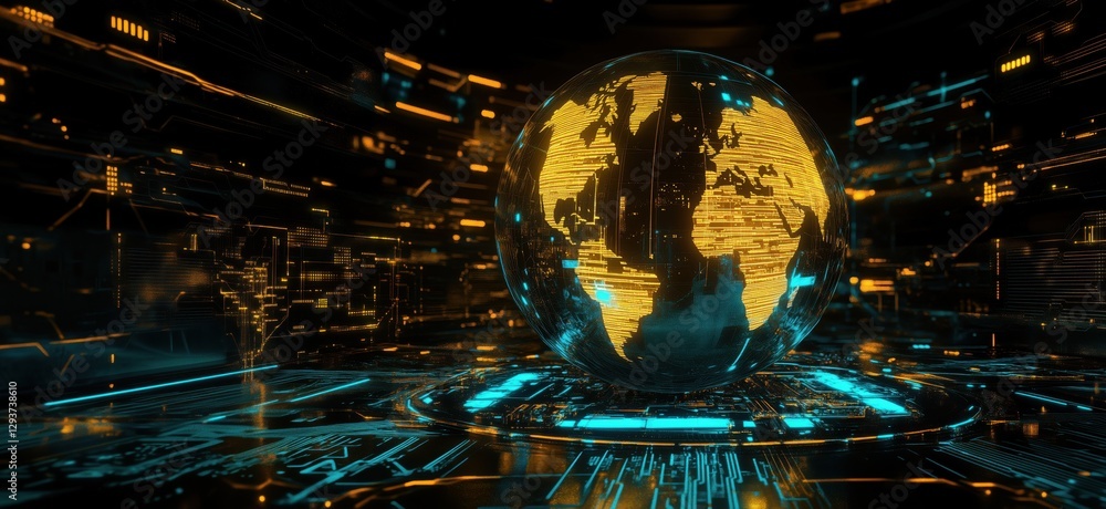 Poster futuristic digital globe with glowing continents and circuit patterns in dark environment, copy spac