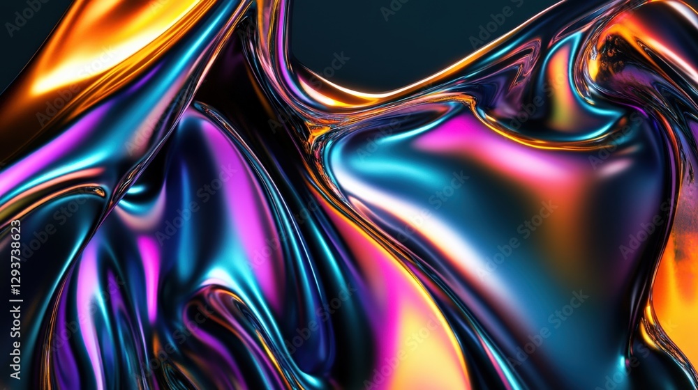 Poster abstract colorful fluid shapes with glossy textures reflecting light in a vibrant composition