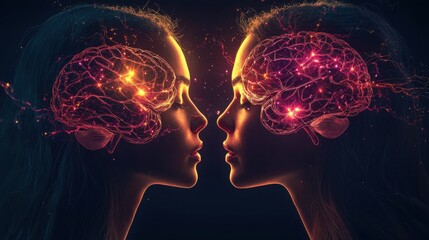 Obraz premium Two intertwined human brains with neural connections and electrical signals representing the intricate workings of the mind and the complex cognitive processes that drive intelligence creativity
