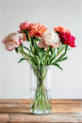 AI-generated photo with colored Peonies in a simple glass vase. Minimalistic bouquet of Peony flowers isolated on a white background