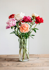 AI-generated photo with colored Peonies in a simple glass vase. Minimalistic bouquet of Peony flowers isolated on a white background