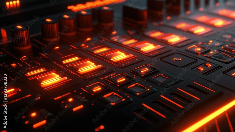 Poster futuristic electronic device with glowing orange lights, showcasing intricate buttons and controls, 