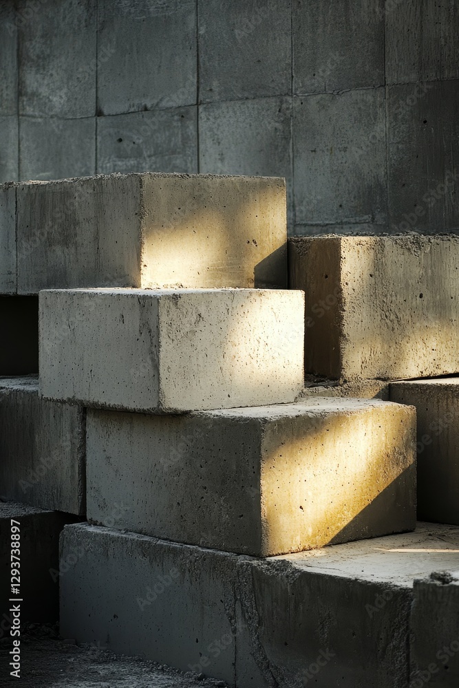 Poster concrete blocks stacked in sunlight create patterns.