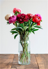 AI-generated photo with colored Peonies in a simple glass vase. Minimalistic bouquet of Peony flowers isolated on a white background