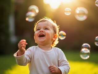 Happy toddler giggling and chasing soap bubbles in golden sunlight garden