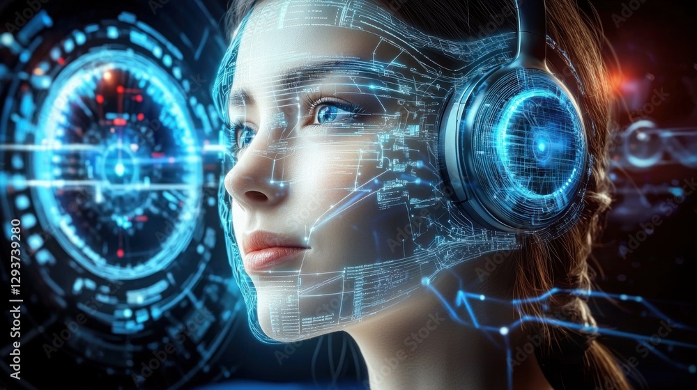 Aufkleber futuristic portrait of a woman with a holographic data interface she is immersed in a high tech digi