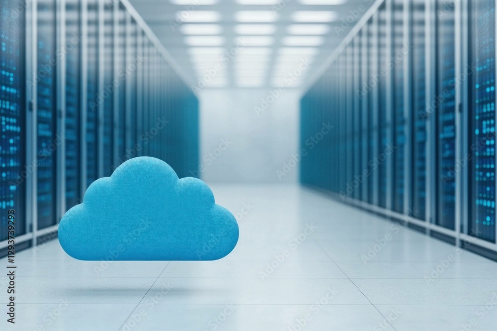 Poster blue cloud icon in a modern data center, representing cloud storage technology and digital solutions