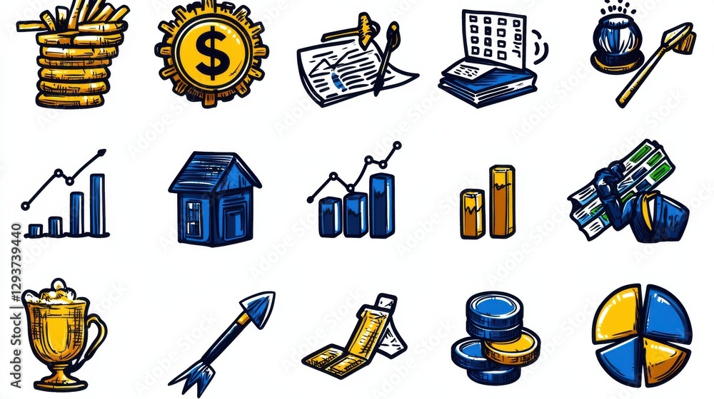 Poster conceptual depicting various financial growth and business success elements such as money charts gra
