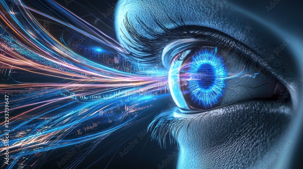 Poster futuristic bionic eye with glowing digital scan and high tech abstract backdrop concept of intellige