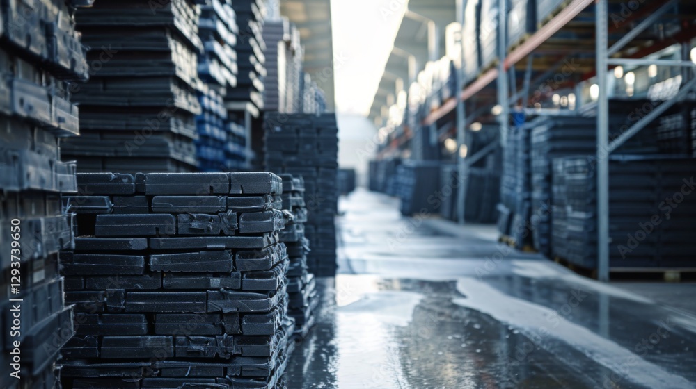 Poster pallets made of durable material are arranged in rows within a spacious warehouse, illuminated by na