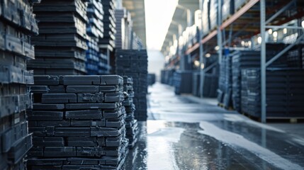 Pallets made of durable material are arranged in rows within a spacious warehouse, illuminated by natural light streaming through large windows, highlighting the efficient storage setup.
