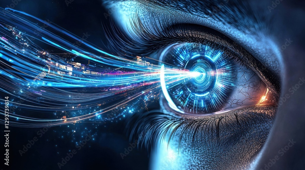 Aufkleber futuristic digital eye with glowing fiber optic patterns and energy lights in a cosmic surreal space