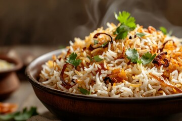 Steaming Basmati Rice Garnished With Fried Onions And Cilantro