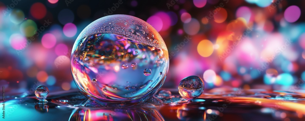 Poster colorful water droplets with vibrant bokeh background creating a dreamy atmosphere, copy space for t