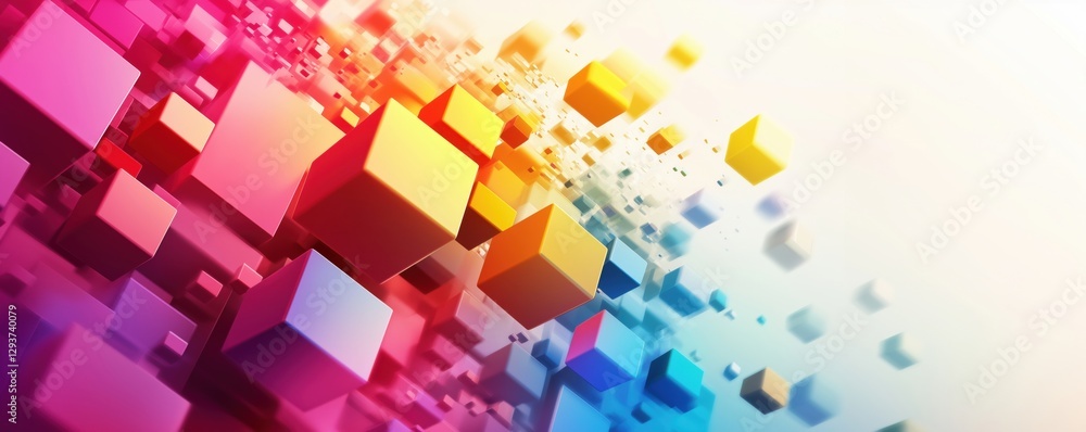 Poster colorful 3d cubes floating in vibrant gradient background for modern design, copy space for text