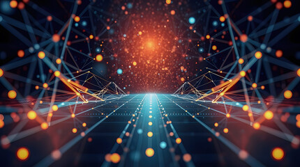 Fototapeta premium Tech Digital Cyber Landscape with a Glowing Blue Grid Line dot connection Abstract Data Network Background, and Cyberspace Background, with concept of AI, Innovation, Data, cloud quantum computing