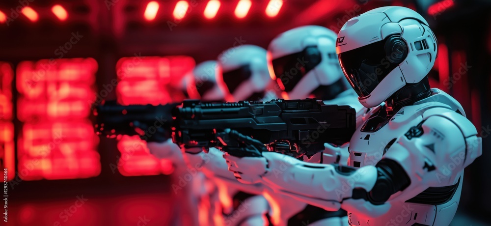 Poster futuristic robotic soldiers in high-tech environment with red lighting and weapons, copy space for t