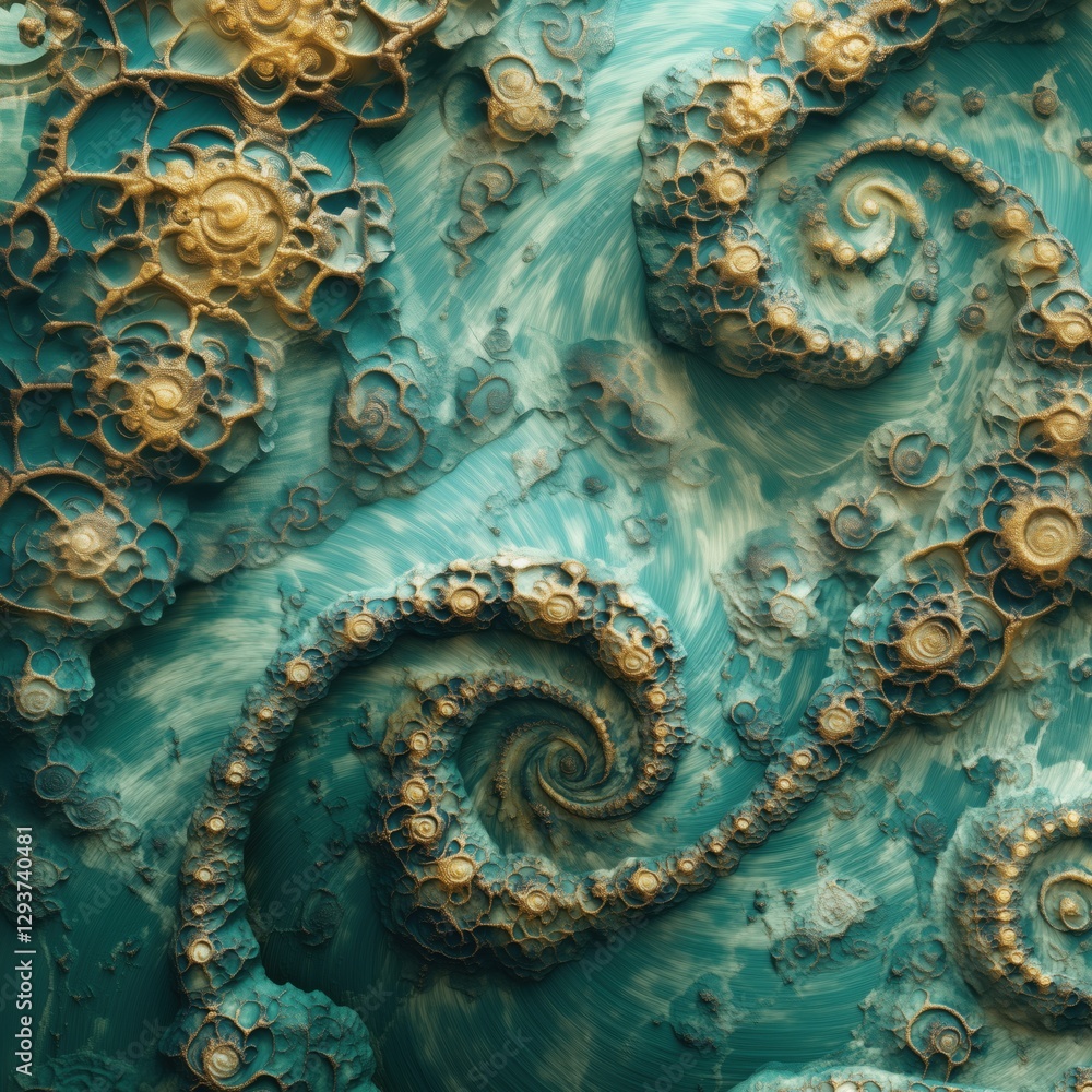 Poster intricate fractal patterns in turquoise and gold with swirling designs and textures, copy space for 