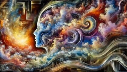 Obraz premium A vast, surreal abstract composition embodying deep emotions and abstract ideas. The image features a fusion of bold, vibrant colors, flowing organic