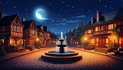 レトロゲーム風の自然のピクセルアート背景（夜の村の広場） Generative AI