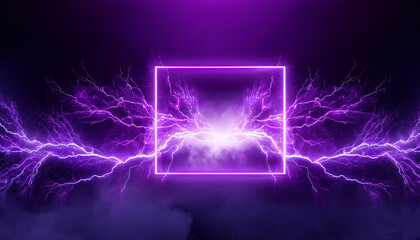 Powerful electrical current energy. Flash of lightning in a magic purple mockup frame. Neon purple discharge in smoke background effect.