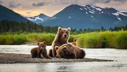 Mom with Four Cubs Coastal Brown Bears of Hallo Creek, Katmai National Park Resting in a Serene Alaskan Landscape, Majestically Framed by a Backdrop of Misty Greenery and Tranquil Waters