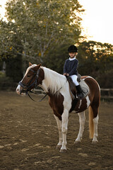 A young girl rider in a helmet and equestrian boots sits on her beloved horse at the stable,...