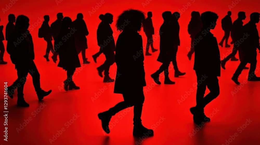 Poster silhouettes of individuals stroll through a vividly red room, creating a striking visual against the