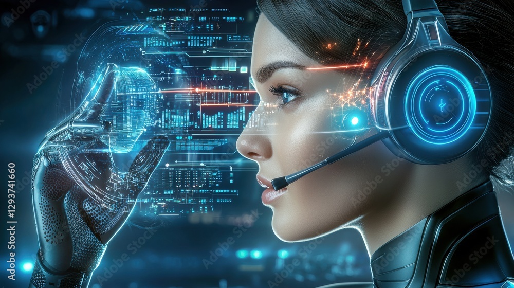 Poster futuristic ai powered digital holographic interface with augmented reality elements high tech cyborg