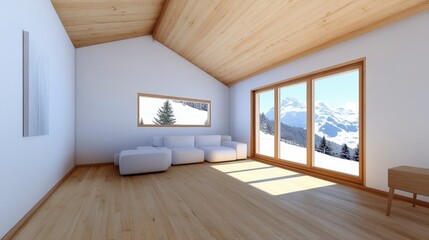 Bright Minimalist Living Room with Snowy Mountain View